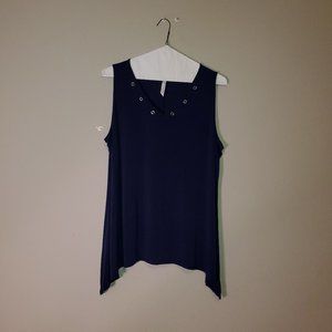 Navy Blue Rivet-Accented Handkerchief Hem Long Tank Top
